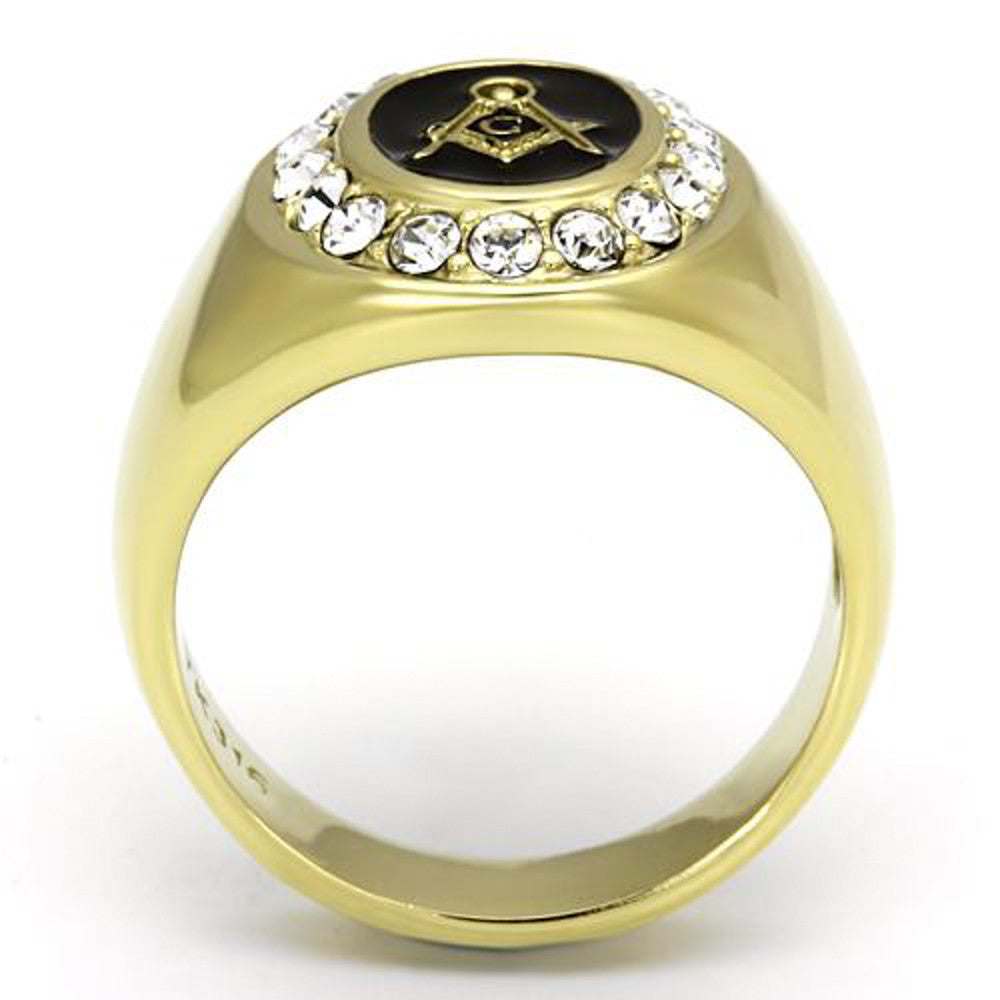 Men's Stainless Steel 14k Gold I.P. Crystal Masonic Freemason Ring Band Sz 8-13